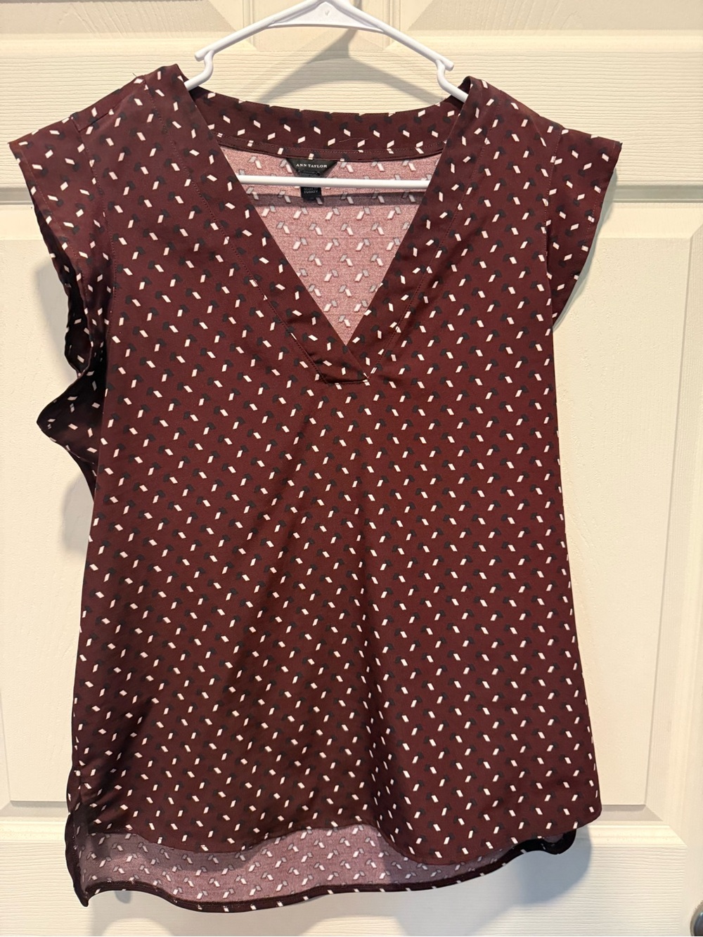 Ann Taylor Burgundy Dot-Print V-Neck Cap-Sleeve Shell